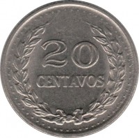 Colombia coin 20 Centavos - Divided legend (1971) reverse reverse of 20 Centavos - Divided legend (1971) coin with KM# 245 from Colombia. Inscription: 20 CENTAVOS