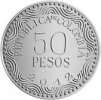 reverse of 50 Pesos (2012 - 2015) coin with KM# 295 from Colombia. Inscription: REPÚBLICA DE COLOMBIA 50 PESOS 2012