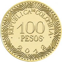 reverse of 100 Pesos (2012 - 2015) coin with KM# 296 from Colombia. Inscription: .REPUBLICA DE COLOMBIA. 100 .PESOS. 2012