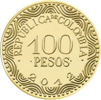 Colombia coin 100 Pesos (2012 - 2015) reverse reverse of 100 Pesos (2012 - 2015) coin with KM# 296 from Colombia. Inscription: .REPUBLICA DE COLOMBIA. 100 .PESOS. 2012