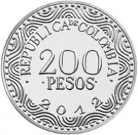 reverse of 200 Pesos (2012 - 2016) coin with KM# 297 from Colombia. Inscription: REPÚBLICA DE COLOMBIA 200 PESOS 2012