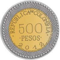 Colombia coin 500 Pesos (2012 - 2015) reverse reverse of 500 Pesos (2012 - 2015) coin with KM# 298 from Colombia. Inscription: .REPÚBLICA DE COLOMBIA. 500 .PESOS. 2012