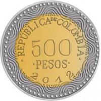 reverse of 500 Pesos (2012 - 2015) coin with KM# 298 from Colombia. Inscription: .REPÚBLICA DE COLOMBIA. 500 .PESOS. 2012