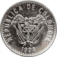obverse of 50 Pesos - Magnetic (2007 - 2012) coin with KM# 283.2a from Colombia. Inscription: REPUBLICA DE COLOMBIA 1991 LIBERTAD Y ORDEN