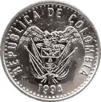 Colombia coin 50 Pesos - Magnetic (2007 - 2012) obverse obverse of 50 Pesos - Magnetic (2007 - 2012) coin with KM# 283.2a from Colombia. Inscription: REPUBLICA DE COLOMBIA 1991 LIBERTAD Y ORDEN