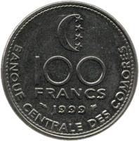 Comoro Islands coin 100 Francs (1999 - 2003) reverse reverse of 100 Francs (1999 - 2003) coin with KM# 18 from Comoro Islands. Inscription: 100 FRANCS 2003 BANQUE CENTRALE DES COMORES
