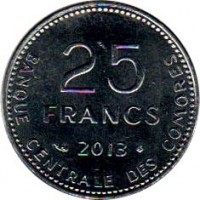 Comoro Islands coin 25 Francs - FAO (2013) reverse reverse of 25 Francs - FAO (2013) coin with KM# 14b from Comoro Islands. Inscription: 25 FRANCS 2013 BANQUE CENTRALE DES COMORES