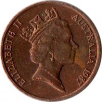 obverse of 1 Cent - Elizabeth II (1985 - 1991) coin with KM# 78 from Australia. Inscription: ELIZABETH II AUSTRALIA 1987 RDM