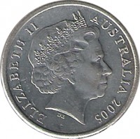 Australia coin 5 Cents - Elizabeth II (1999 - 2015) obverse obverse of 5 Cents - Elizabeth II (1999 - 2015) coin with KM# 401 from Australia. Inscription: ELIZABETH II AUSTRALIA 2005 IRB