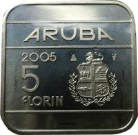 Aruba coin 5 Florin - Beatrix (1995 - 2005) reverse reverse of 5 Florin - Beatrix (1995 - 2005) coin with KM# 12 from Aruba. Inscription: ARUBA 1996 5 florin
