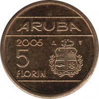 Aruba coin 5 Florin - Beatrix (2005 - 2013) reverse reverse of 5 Florin - Beatrix (2005 - 2013) coin with KM# 38 from Aruba. Inscription: ARUBA 2005 5 FLORIN