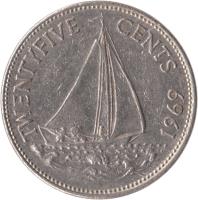 Bahamas coin 25 Cents - Elizabeth II - 2'nd Portrait (1966 - 1970) reverse reverse of 25 Cents - Elizabeth II - 2'nd Portrait (1966 - 1970) coin with KM# 6 from Bahamas. Inscription: TWENTYFIVE CENTS 1969