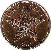reverse of 1 Cent - Elizabeth II - 2'nd Portrait (1966 - 1969) coin with KM# 2 from Bahamas. Inscription: ONE CENT · 1969 ·