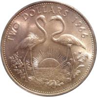 Bahamas coin 2 Dollars - Elizabeth II - 2'nd Portrait (1966 - 1970) reverse reverse of 2 Dollars - Elizabeth II - 2'nd Portrait (1966 - 1970) coin with KM# 9 from Bahamas. Inscription: TWO DOLLARS 1966