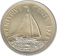 Bahamas coin 25 Cents - Elizabeth II - 2'nd Portrait (1971 - 1973) reverse reverse of 25 Cents - Elizabeth II - 2'nd Portrait (1971 - 1973) coin with KM# 20 from Bahamas. Inscription: TWENTYFIVE CENTS 1972