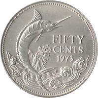 reverse of 50 Cents - Elizabeth II - 2'nd Portrait (1971 - 1973) coin with KM# 21 from Bahamas. Inscription: FIFTY CENTS 1972