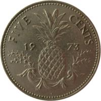 Bahamas coin 5 Cents - Elizabeth II - 2'nd Portrait (1973) reverse reverse of 5 Cents - Elizabeth II - 2'nd Portrait (1973) coin with KM# 38 from Bahamas. Inscription: FIVE CENTS 19 73