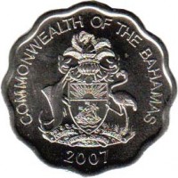 obverse of 10 Cents - Elizabeth II (2007 - 2010) coin with KM# 219 from Bahamas. Inscription: COMMONWEALTH OF THE BAHAMAS 2007