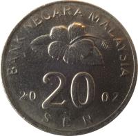 Malaysia coin 20 Sen - Yang di-Pertuan Agong (1989 - 2011) reverse reverse of 20 Sen - Yang di-Pertuan Agong (1989 - 2011) coin with KM# 52 from Malaysia. Inscription: BANK NEGARA MALAYSIA 2000 20 SEN