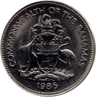 obverse of 25 Cents - Elizabeth II - Magnetic (1974 - 1989) coin with KM# 63.1 from Bahamas. Inscription: COMMONWEALTH OF THE BAHAMAS 1977