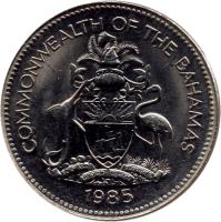 Bahamas coin 25 Cents - Elizabeth II - Magnetic (1974 - 1989) obverse obverse of 25 Cents - Elizabeth II - Magnetic (1974 - 1989) coin with KM# 63.1 from Bahamas. Inscription: COMMONWEALTH OF THE BAHAMAS 1977
