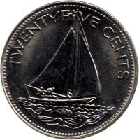 reverse of 25 Cents - Elizabeth II - Magnetic (1974 - 1989) coin with KM# 63.1 from Bahamas. Inscription: TWENTYFIVE CENTS