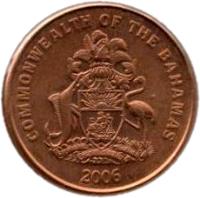 Bahamas coin 1 Cent - Elizabeth II - Larger (2006 - 2007) obverse obverse of 1 Cent - Elizabeth II - Larger (2006 - 2007) coin with KM# 218.1 from Bahamas. Inscription: COMMONWEALTH OF THE BAHAMAS 2006