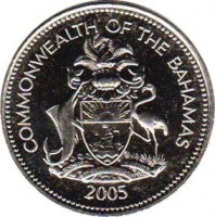 obverse of 25 Cents - Elizabeth II - Non magnetic (1991 - 2005) coin with KM# 63.2 from Bahamas. Inscription: COMMONWEALTH OF THE BAHAMAS 2005