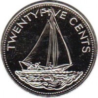 reverse of 25 Cents - Elizabeth II - Non magnetic (1991 - 2005) coin with KM# 63.2 from Bahamas. Inscription: TWENTYFIVE CENTS