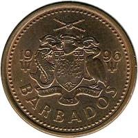 obverse of 1 Cent - Elizabeth II - Lighter (1991 - 2006) coin with KM# 10a from Barbados. Inscription: 19 96 PRIDE AND INDUSTRY BARBADOS
