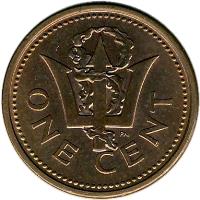 reverse of 1 Cent - Elizabeth II - Lighter (1991 - 2006) coin with KM# 10a from Barbados. Inscription: PN ONE CENT