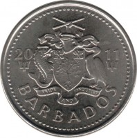 obverse of 25 Cents - Elizabeth II - Magnetic (2007 - 2011) coin with KM# 13a from Barbados. Inscription: 2011 PRIDE AND INDUSTRY BARBADOS