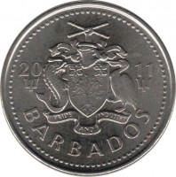 Barbados coin 25 Cents - Elizabeth II - Magnetic (2007 - 2011) obverse obverse of 25 Cents - Elizabeth II - Magnetic (2007 - 2011) coin with KM# 13a from Barbados. Inscription: 2011 PRIDE AND INDUSTRY BARBADOS