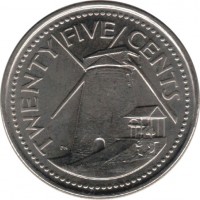 reverse of 25 Cents - Elizabeth II - Magnetic (2007 - 2011) coin with KM# 13a from Barbados. Inscription: TWENTY FIVE CENTS PN