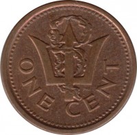 reverse of 1 Cent - Elizabeth II - Magnetic (2007 - 2012) coin with KM# 10b from Barbados. Inscription: ONE CENT PN