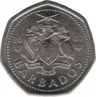 obverse of 1 Dollar - Elizabeth II - Smaller (2007 - 2012) coin with KM# 14.2a from Barbados. Inscription: 20 07 PRIDE AND INDUSTRY PN BARBADOS