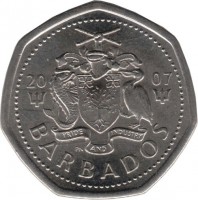 Barbados coin 1 Dollar - Elizabeth II - Smaller (2007 - 2012) obverse obverse of 1 Dollar - Elizabeth II - Smaller (2007 - 2012) coin with KM# 14.2a from Barbados. Inscription: 20 07 PRIDE AND INDUSTRY PN BARBADOS