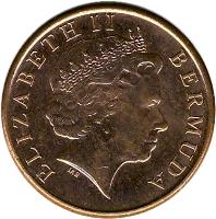 obverse of 1 Cent - Elizabeth II - Non magnetic; 4'th Portrait (1999 - 2008) coin with KM# 107 from Bermuda. Inscription: ELIZABETH II BERMUDA
