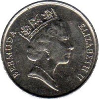 Bermuda coin 5 Cents - Elizabeth II - 3'rd Portrait (1986 - 1997) obverse obverse of 5 Cents - Elizabeth II - 3'rd Portrait (1986 - 1997) coin with KM# 45 from Bermuda. Inscription: BERMUDA ELIZABETH II
