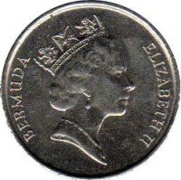 obverse of 5 Cents - Elizabeth II - 3'rd Portrait (1986 - 1997) coin with KM# 45 from Bermuda. Inscription: BERMUDA ELIZABETH II