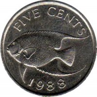 Bermuda coin 5 Cents - Elizabeth II - 3'rd Portrait (1986 - 1997) reverse reverse of 5 Cents - Elizabeth II - 3'rd Portrait (1986 - 1997) coin with KM# 45 from Bermuda. Inscription: FIVE CENTS 1988