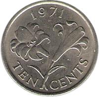 Bermuda coin 10 Cents - Elizabeth II - 2'nd Portrait (1970 - 1985) reverse reverse of 10 Cents - Elizabeth II - 2'nd Portrait (1970 - 1985) coin with KM# 17 from Bermuda. Inscription: 1978 TEN CENTS