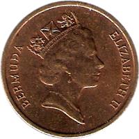 obverse of 1 Cent - Elizabeth II - 3'rd Portrait (1986 - 1990) coin with KM# 44 from Bermuda. Inscription: BERMUDA ELIZABETH II