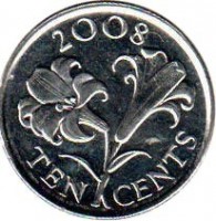 Bermuda coin 10 Cents - Elizabeth II - 4'th Portrait (1999 - 2009) reverse reverse of 10 Cents - Elizabeth II - 4'th Portrait (1999 - 2009) coin with KM# 109 from Bermuda. Inscription: 2008 TEN CENTS