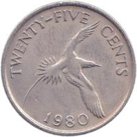 reverse of 25 Cents - Elizabeth II - 2'nd Portrait (1970 - 1985) coin with KM# 18 from Bermuda. Inscription: TWENTY-FIVE CENTS 1970