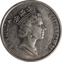 obverse of 25 Cents - Elizabeth II - 3'rd Portrait (1986 - 1998) coin with KM# 47 from Bermuda. Inscription: BERMUDA ELIZABETH II