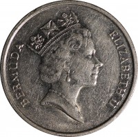 Bermuda coin 25 Cents - Elizabeth II - 3'rd Portrait (1986 - 1998) obverse obverse of 25 Cents - Elizabeth II - 3'rd Portrait (1986 - 1998) coin with KM# 47 from Bermuda. Inscription: BERMUDA ELIZABETH II