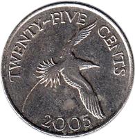 Bermuda coin 25 Cents - Elizabeth II - 4'th Portrait (1999 - 2009) reverse reverse of 25 Cents - Elizabeth II - 4'th Portrait (1999 - 2009) coin with KM# 110 from Bermuda. Inscription: TWENTY-FIVE CENTS 2005