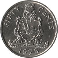 Bermuda coin 50 Cents - Elizabeth II - 2'nd Portrait (1970 - 1985) reverse reverse of 50 Cents - Elizabeth II - 2'nd Portrait (1970 - 1985) coin with KM# 19 from Bermuda. Inscription: FIFTY CENTS QUO · FATA · FERUNT 1970