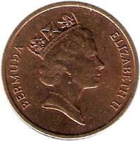 obverse of 1 Cent - Elizabeth II - 3'rd Portrait (1988) coin with KM# 44a from Bermuda. Inscription: BERMUDA ELIZABETH II